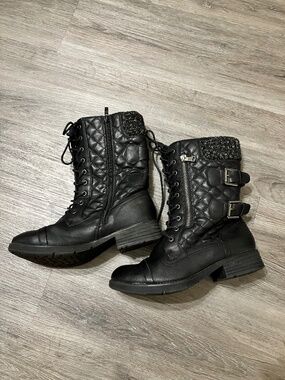 STQ Women's Combat Boots Size 7.5 Black Quilted Knit Cuff Side Zip Lace Up Mid